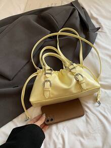 Solid Color Glossy Leather Shoulder Bag, Ruched Drawstring Design, Short Top Handle And Detachable Crossbody Strap, Flexible Switching Between Handheld And Crossbody, Ample Interior Space To Store Phone, Lipstick, Powder, Earphones And Other Daily Essentials, Suitable For Daily Shopping, Commuting, Work, Dating And Travel - Yellow - View 3