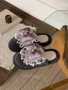 XIXITIAO Cute Lace Ruffle Bow Slippers, Closed‑Toe Fuzzy Warm House Shoes, Soft Sole Cozy Indoor Slippers - Grey - View 6