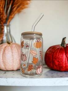 Autumn Atmosphere Glass Straw Cup, Pumpkin & Fallen Leaves Full Print, Bamboo Lid Straw Set, Home & Office Cold Drink Milk Tea Portable Drinking Glass - Multicolor - View 1