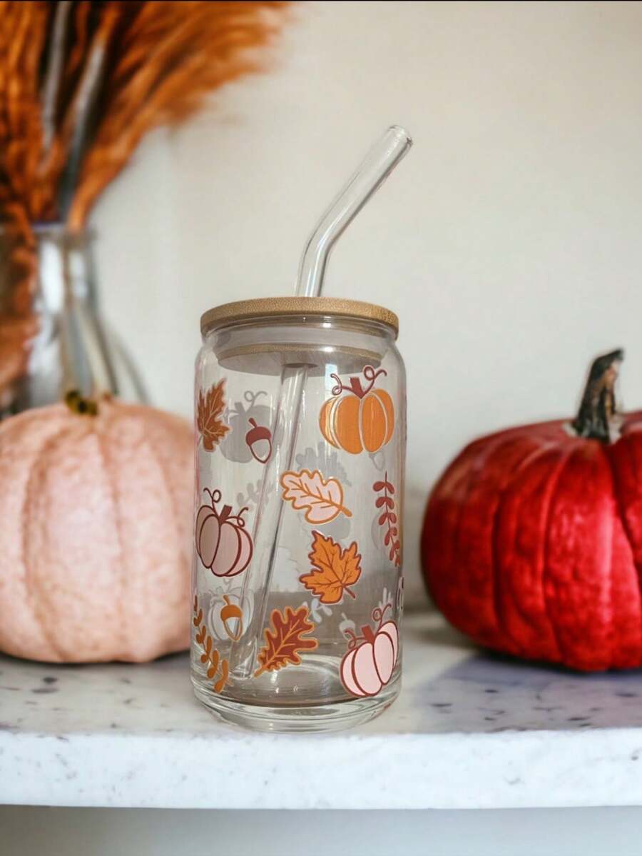 Autumn Atmosphere Glass Straw Cup, Pumpkin & Fallen Leaves Full Print, Bamboo Lid Straw Set, Home & Office Cold Drink Milk Tea Portable Drinking Glass - Multicolor - View 1
