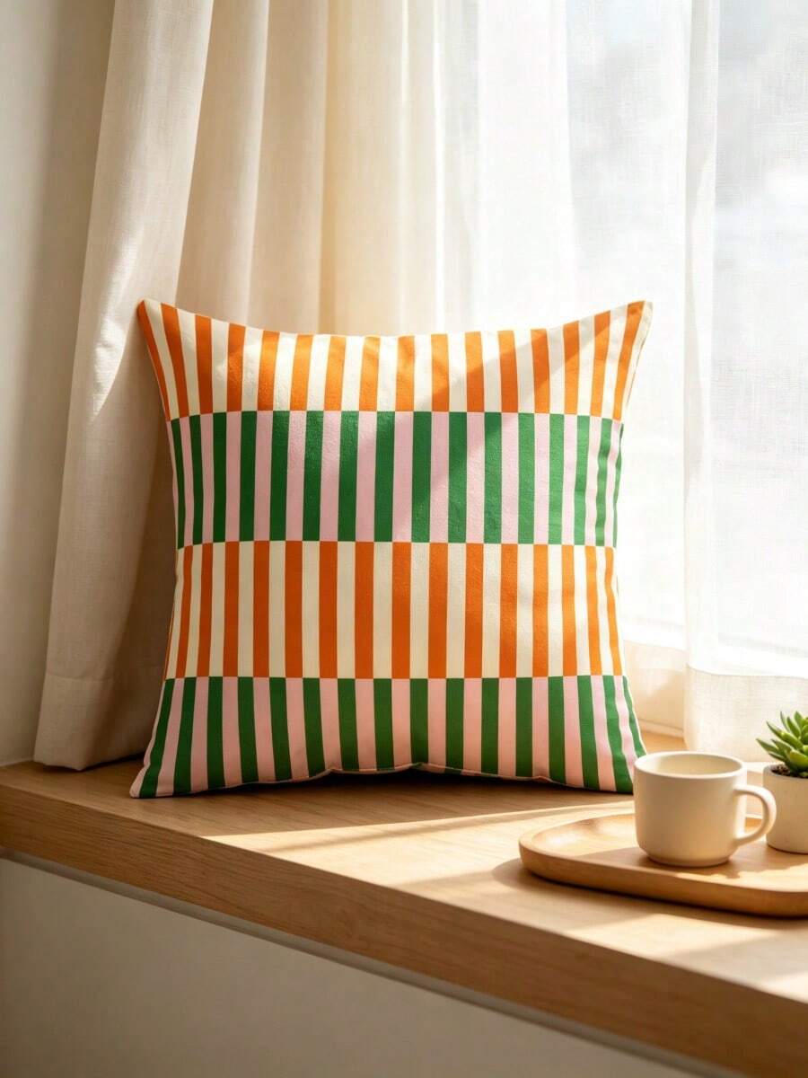 1PC Color Blocking Orange White Green Pink Patchwork Striped Cushion Cover, Double-Sided Printing, Vibrant And Eye-Catching Personalized Pillowcase, Bohemian Style Camping Terrace Homestay Decoration (Excluding Pillow Core) - Multicolor - View 1