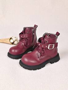 Girls' Sweet & Cool Black Boots With Lace Trim, Badge, Thick Sole, Anti-Slip And Side Zipper - Red - View 4