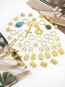 47PCS Gold Hair Jewelry For Braids Cross Sun Braid Clips Multi Style Loc Dreadlock Beads Sprial Green Rhinestone Braid Accessories For Women And Men - Gold - View 4