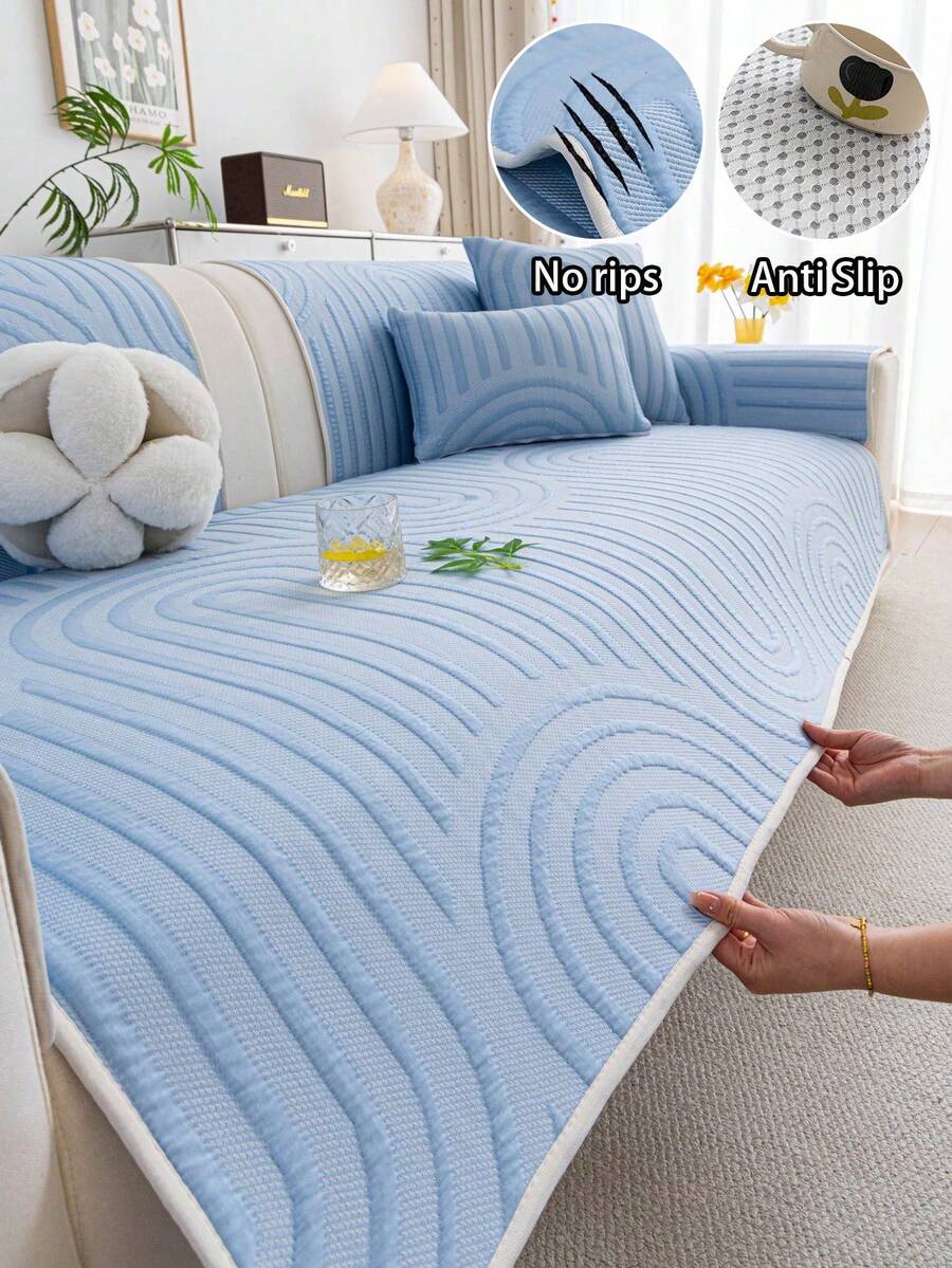 ZXZGM 1pc Solid Color Jacquard Wavy Pattern Ice Silk Sofa Cover, Cream Style Sofa Slipcover, Cool Comfortable Breathable Soft Skin-Friendly Anti-Slip Wear-Resistant Wrinkle-Resistant Fixed Sofa Cover, Machine Washable, Pet-Friendly, Anti-Scratch, Sofa Renovation, Sofa Decoration, Enhance Atmosphere, Full Back Protection, All-Season Use, Fits 1-4 Seater L-Shaped Sofa And Living Room/Bedroom/Study - Blue - View 1