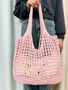Large Capacity Crochet Shoulder Tote Bag, Lightweight Multifunctional Knitted Handbag, Suitable For Travel, Beach, Vacation And Daily Use - Pink - View 6