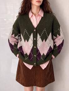 Women's Autumn/Winter Casual Minimalist Classic Retro Argyle Pattern V-Neck Cardigan Jacket - Dark Green - View 4