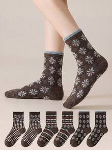ZUJO 3 Pairs Vintage Women's Cable Knit Ruffle Mid-Calf Socks, Daisy Floral Slouch Socks, Comfortable & Warm, Suitable For Spring, Autumn, Winter - Multicolor - View 4