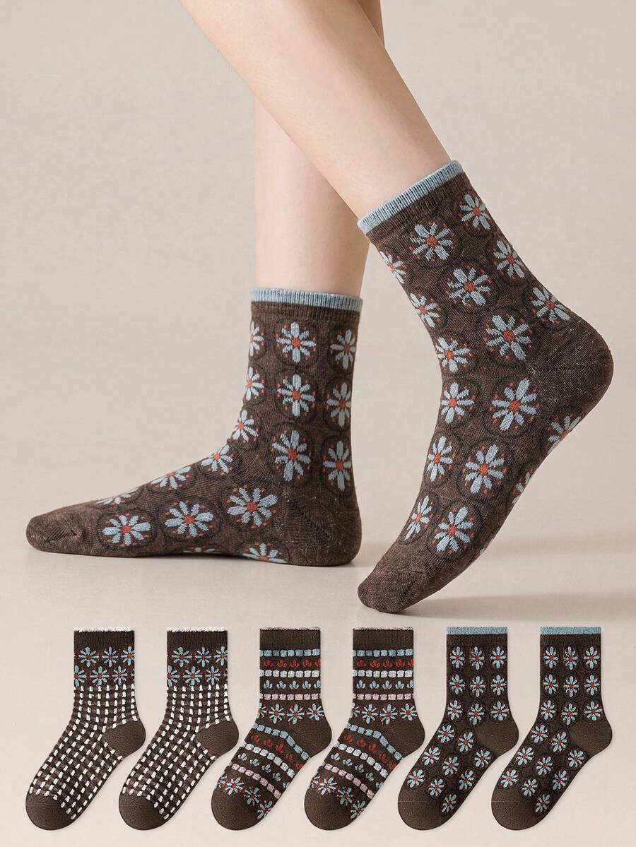 ZUJO 3 Pairs Vintage Women's Cable Knit Ruffle Mid-Calf Socks, Daisy Floral Slouch Socks, Comfortable & Warm, Suitable For Spring, Autumn, Winter - Multicolor - View 1