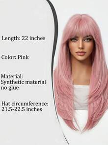 Fashion Pink Long Layered Straight Hair Wig With Bangs, Heat-Resistant Synthetic Fiber Women's Hairstyle Wig, Suitable For Halloween Cosplay, Christmas Party, New Year Celebration And Holiday Events - Pink - View 5