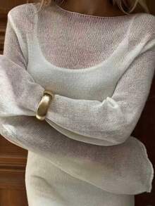 Women's Sheer Knitwear Round Neck Pullover Sweater With Drop Shoulder Long Sleeves, Light & Breathable For Daily Wear - White - View 1