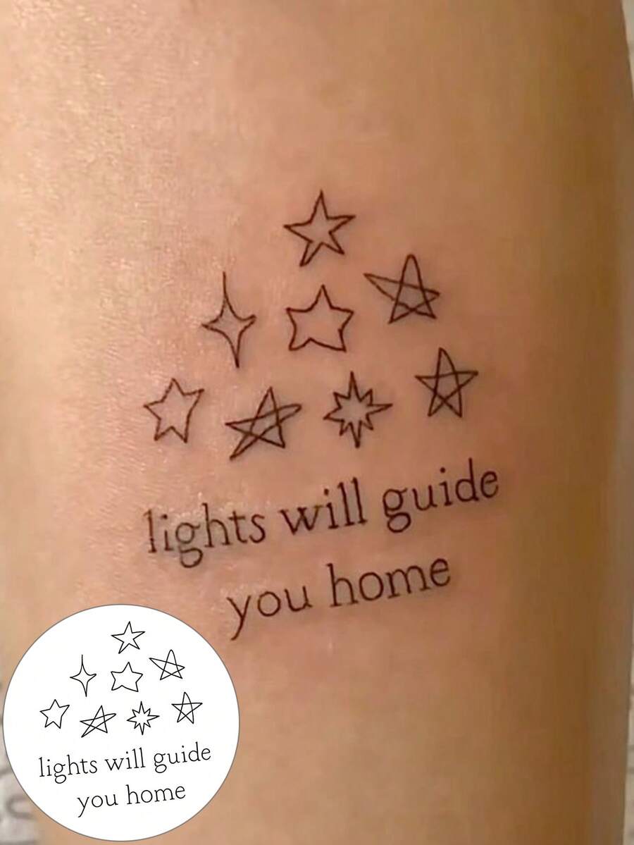 Lights Will Guide You Home Quote Temporary Tattoos Waterproof Long Lasting Fake Body Art Stickers Inspirational Stars Cursive Fine Line Tattoo For Women Men Adults