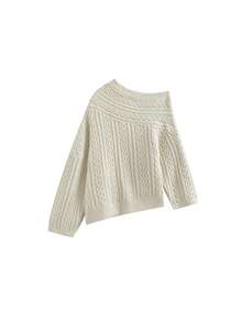 French Style Asymmetrical Shoulder Long Sleeve Sweater Women Winter New Loose Fit Slimming Tops - Apricot - View 4