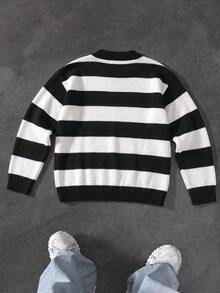 男童青少年黑白寬條紋圓領毛衣，秋冬街頭風寬鬆厚針織套頭衫 - 黑與白 - 查看 7