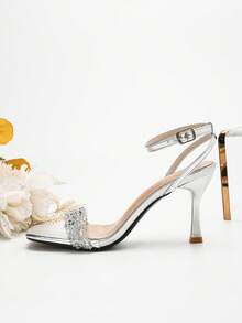 Fashionable Silver One-Strap Square Toe Rhinestone High Heel Sandals - Silver - View 5