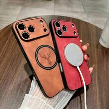 奢華復古人造羊皮皮革手機殼，適用於 iPhone 17 16 15 14 13 12 11 Pro Max Plus，支援磁吸無線充電，17 Pro Max 手機殼，鹿頭圖案軟邊防震保護殼 - 櫻桃紅 - 查看 6