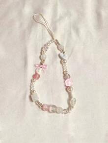 Cute Handmade Beaded Phone Charm, Sweet Macaron Color Beaded Phone Charm With Pink Bow And Cartoon Decoration - Pink - View 6