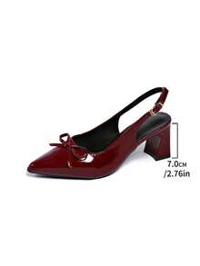 1 Pair Women's Pointed Toe Small Bow Back Strap Metal Buckle Burgundy High Heel Sandals, Fashionable All-Season Chunky Heel High Heel Sandals - Burgundy - View 7
