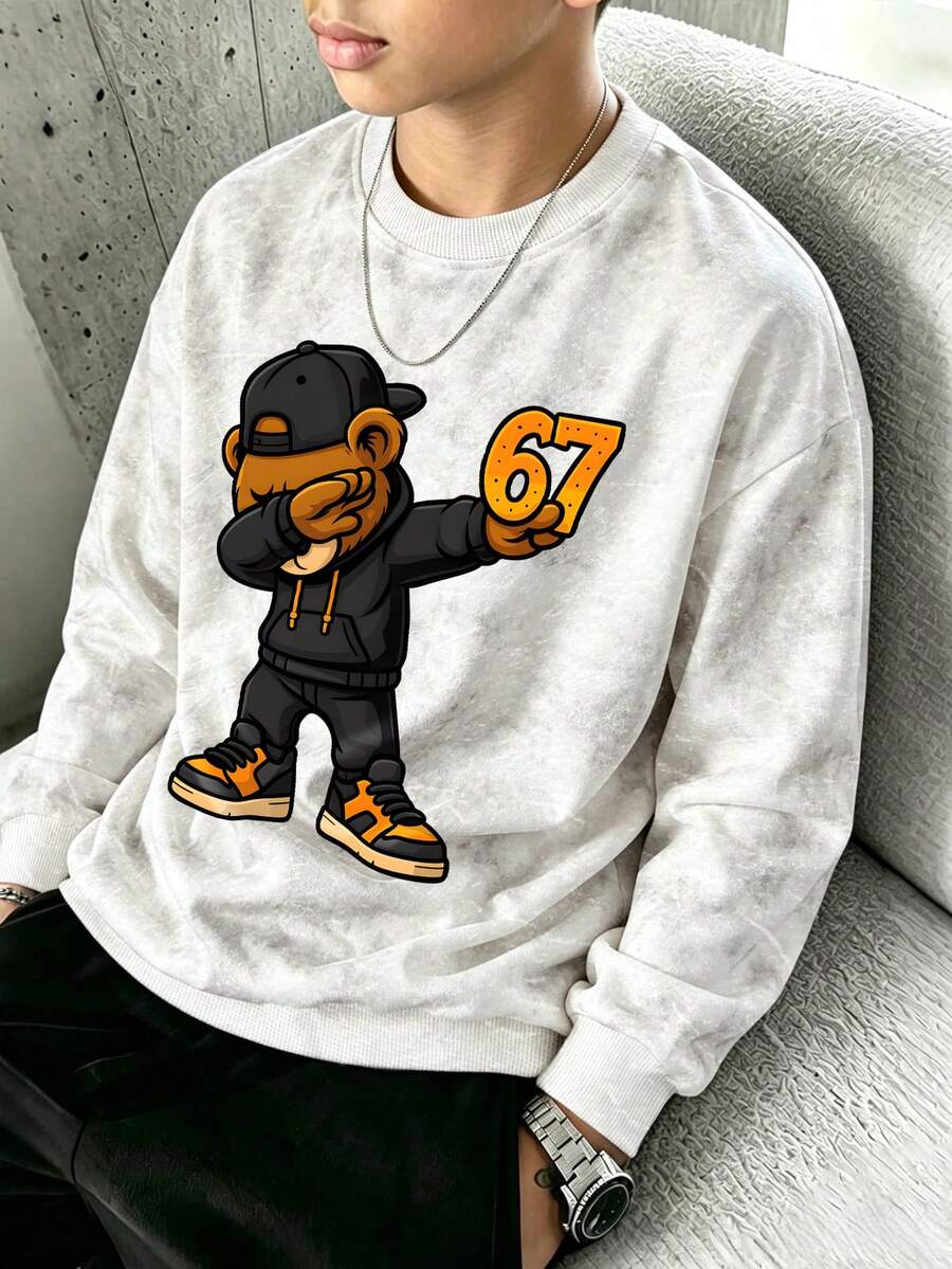 Street Style Boys Crew Neck Sweatshirt, Cool Bear #67 Print Washed Tie-Dye Loose Fit Pullover, Children's Spring/Autumn Top - White - View 1