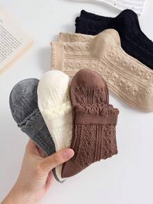 5 Pairs Elegant Solid Color Floral Embossed Pattern Women's Mid-Calf Socks, Non-Slip Soft Comfortable, Suitable For Autumn/Winter - Multicolor - View 2