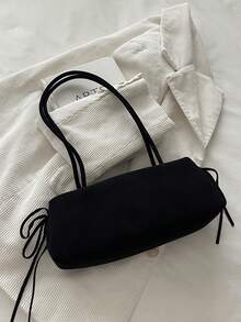 1pc Black Solid Color Faux Suede Baguette Shoulder Bag For Women - Black - View 5