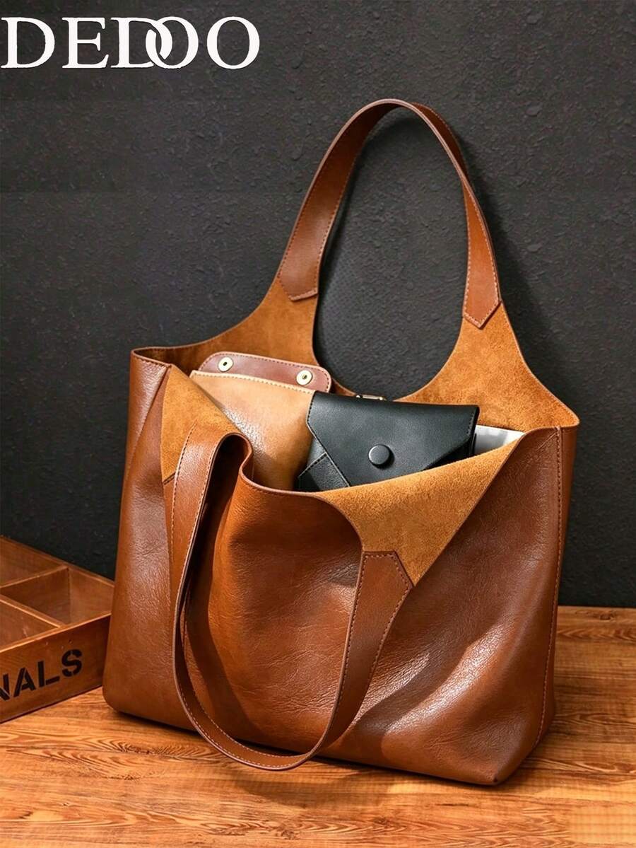 Dedoo Vintage Large Capacity Women's Tote Bag, Niche High-End Waterproof Textured Bag, Suitable For Daily Shopping And Travel - Brown - View 1