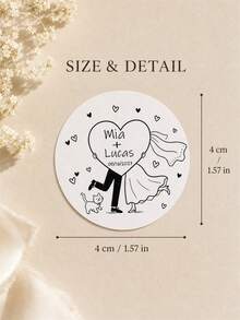 Personalized Name And Date Wedding Sticker, Custom Bride And Groom Heart Balloon Label, Hand Drawn Couple Illustration, Wedding Favor Sticker, Gift Box Seal, Bridal Shower, Engagement Celebration, Wedding Reception Decor, Newlyweds, Couples - Multicolor - View 18