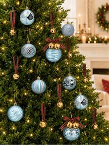 1/6/12/24pcs Ice Blue Christmas Ball Ornament Set With Gold Bells And Plaid Ribbons, Mixed Color Christmas Tree Hanging Balls, DIY Holiday Decoration, Gift Wrapping, Fireplace, Home And Holiday Party Decor - Multicolor - View 7