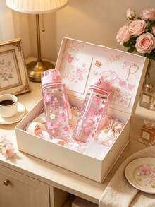 1pc 500ml pink flower pattern water bottle, simple and transparent plastic water cup - Pink - View 12