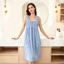 Women's Wearable Bathrobe, Thick Coral Fleece, Absorbent Quick-Dry, Spaghetti Strap Elastic Waist, Home Bathing Wrap Towel - Dusty Blue - View 4