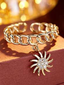 1pc Niche Luxury Sun Pendant Chain Ring, Cuban Chain Open Ring Band, Sun Pendant Design, Personalized Accessory Gift Jewelry For Women - Ring - View 2