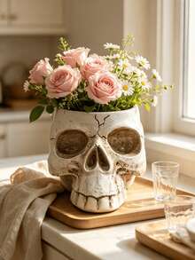 1pc Skull Ammonite Planter, Unique Fossil Spiral Design Decorative Vase, Bohemian Gothic Home Bathroom Desktop Centerpiece Decor, Indoor Succulent Orchid Stand, Modern Bookshelf Aesthetic Plant Container - Multicolor - View 9