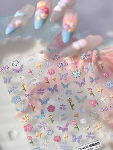 1pc French Oil Painting New Autumn Garden Embossed 3D Nail Stickers Butterfly Flower DIY Phone Case Nail Decals - Multicolor - View 2