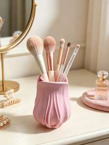 1pc Pink Tulip Flower Makeup Brush Holder, 3D Textured Cosmetic Organizer, Desktop Vanity Storage Container For Makeup Tools, Eyebrow Pencils, Lipsticks, INS Cream Style Room Decor For Bathroom Bedroom Entryway, Ideal Gift For Women - View 8