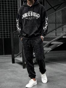 Men's Washed Distressed Hoodie & Jogger Sweatpants 2 Pieces Set, High Street Gothic Letter Print, Cuffed Hem - Black - View 1