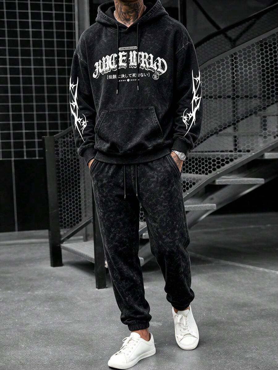 Men's Washed Distressed Hoodie & Jogger Sweatpants 2 Pieces Set, High Street Gothic Letter Print, Cuffed Hem - Black - View 1