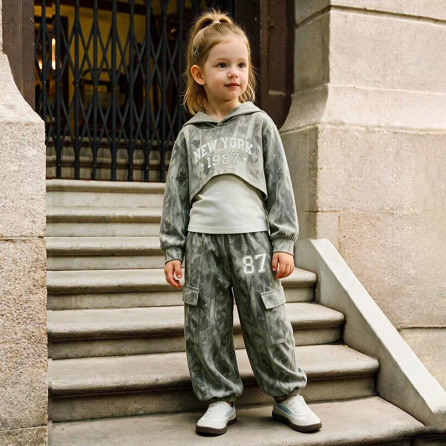 Girls Tie-Dye 3 Pieces Set, Short Hooded Sweatshirt Cover-Up + Solid Color Inner Tank Top + Digital Print Cargo Jogger Pants, Children's American Casual Outfit - Grey - View 1