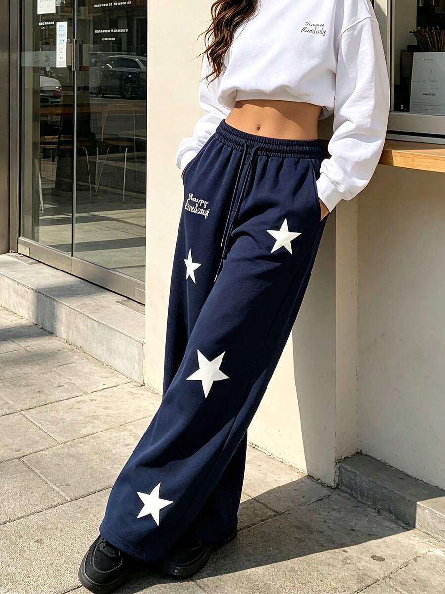 Women's Star Print Drawstring Pocket Sweatpants, Casual Lounge Pants, Suitable For Running, Cycling, Fitness, Travel, All-Season Loose Fit - Navy Blue - View 1