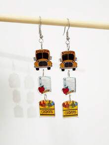 1Pair Stainless Steel Ear Hook Smooth Acrylic Bus Notebook Crayon Printed Drop Earrings For Women Girl Students Back To School Day Or Teacher's Day - Multicolor - View 3