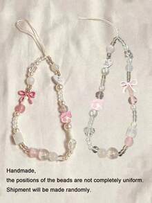 Cute Handmade Beaded Phone Charm, Sweet Macaron Color Beaded Phone Charm With Pink Bow And Cartoon Decoration - Pink - View 7