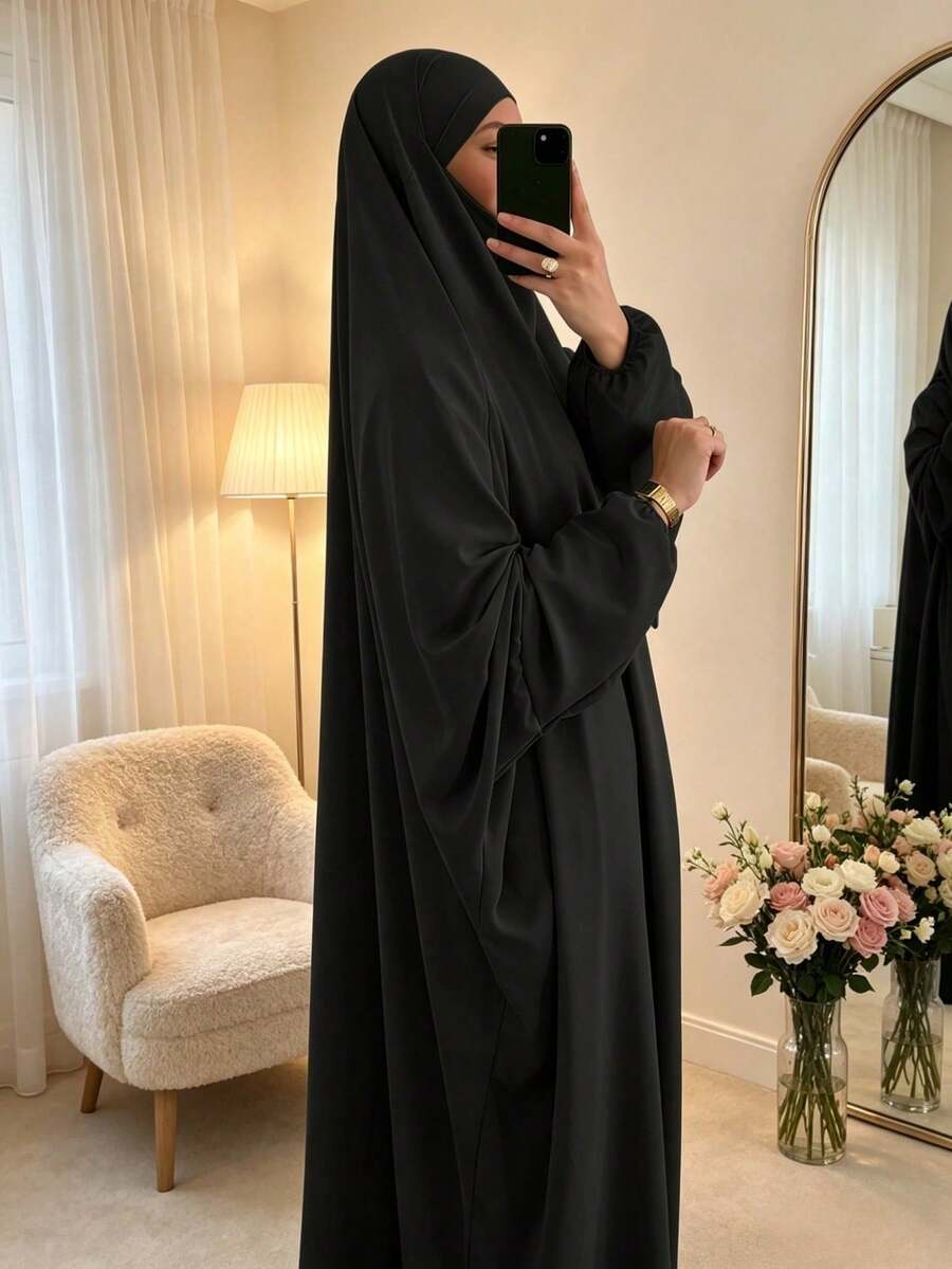 1件女款純色Nida布料透氣親膚寬鬆舒適綁帶式長袍,適合外出與禮拜,易穿脫,杜拜風女式長袍,女用希賈布 - 黑色 - 查看 1