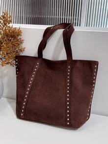 1pc Coffee Brown Metal Rivet Decor Large Capacity Faux Suede Tote Bag Women's Shoulder Bag - Coffee Brown - View 3