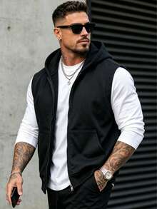 Men's Casual Vest, Solid Color Zipper Hooded Jacket, Lightweight Versatile Minimalist Men's Casual Vest - Black - View 7