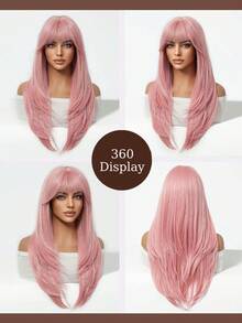 Fashion Pink Long Layered Straight Hair Wig With Bangs, Heat-Resistant Synthetic Fiber Women's Hairstyle Wig, Suitable For Halloween Cosplay, Christmas Party, New Year Celebration And Holiday Events - Pink - View 7