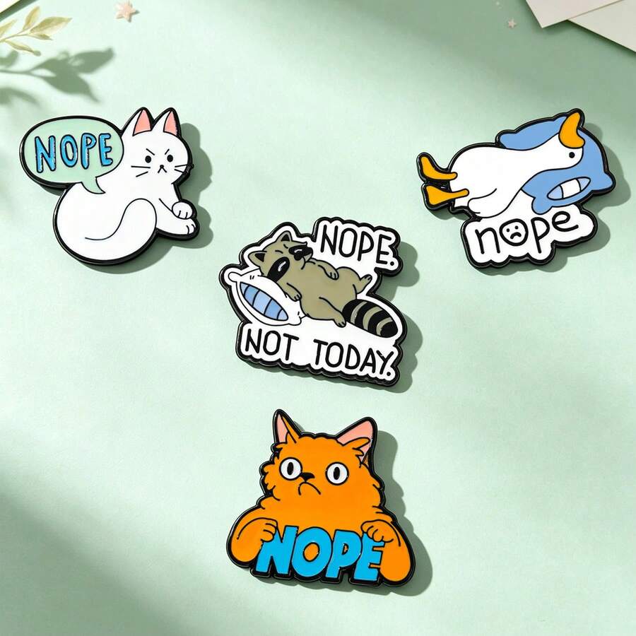1pc Black Border Nope Not Today Cartoon Animal Enamel Pin, Funny Lazy Cat Raccoon Goose Sarcastic Quote Lapel Pin, Metal Badge Pin For Jackets Bags