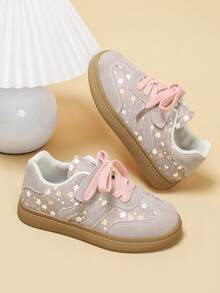 Girls' Floral Casual Training Sneakers, Light Gray Floral Upper With Pink Shoelaces, Hook And Loop Closure For Easy On And Off, Non-Slip Rubber Thick Sole, Versatile School Shoes - Pink - View 2