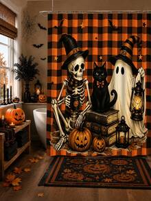1/4pcs Halloween Funny Skeleton Ghost Black Cat Shower Curtain Set, With 12 Hooks Waterproof Polyester Bath Curtain, Bathroom Curtain, Privacy, Thickened, Durable Quick Dry, 180*180cm Size, Halloween Thanksgiving Autumn Harvest Bathroom Decor - A - View 6