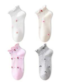 ZUJO 4 Pairs Women's Hollow Out Short Socks With Frill Trim, Floral Pattern, Non-Slip Comfortable Breathable, Suitable For Sports And Casual Wear - Multicolor - View 7