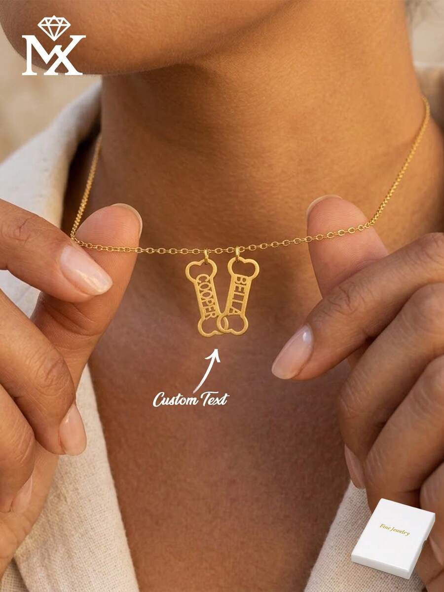 Custom Name Necklace Stainless Steel Personalized Dog Bone Pendant Customized Pet Memorial Jewelry, Gift For Dog Lovers, Fashionable Minimalist Daily Wear Suitable For Men And Women - Yellow Gold - View 1