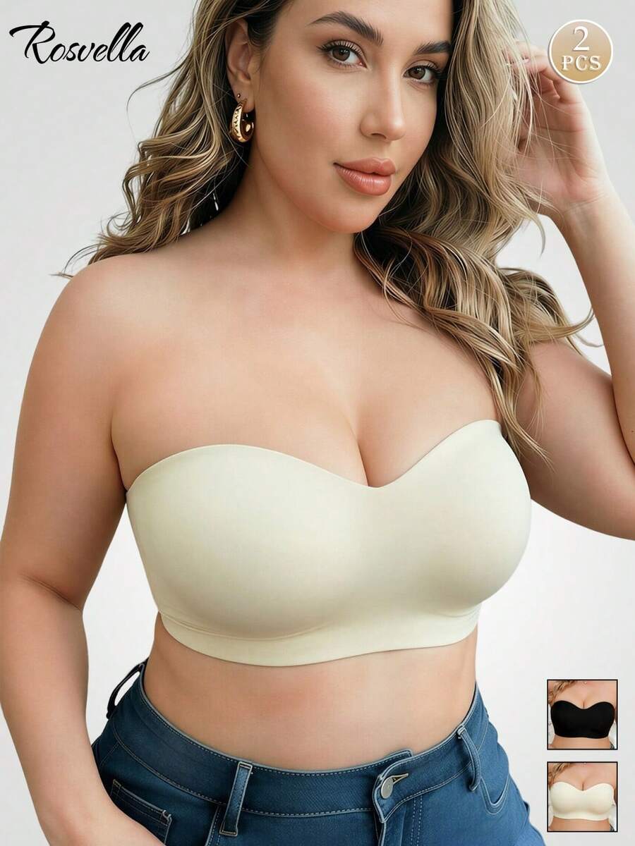 2pcs Plus Size Women's Strapless Bra, Black Seamless Bandeau Bra, Wireless Anti-Sagging Support, Invisible Comfortable Bra