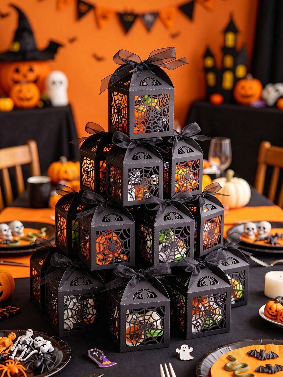 10pcs Halloween Gift Boxes,Hollow Spider Sweet Boxes,Halloween Party Favors,Black Halloween Party Gift Packaging Box,For Halloween Party Table Decor Supplies,Day Of The Dead Party,Halloween Party,Gothic Party Decor - A - View 1